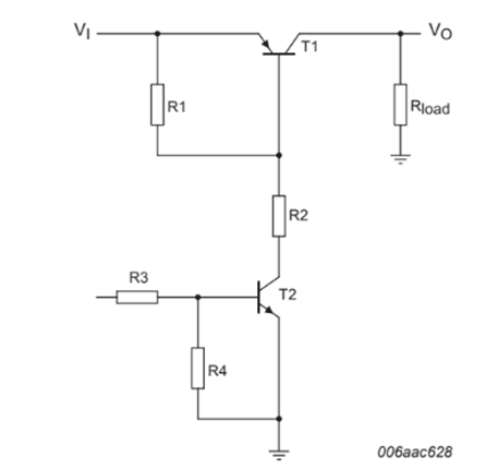 Figure 2 Typical load-switch circuit with a low VCEsat PNP BJT in the load path (T1) and a general-purpose control transistor (T2) Figure 2 Typical load-switch circuit with a low VCEsat PNP BJT in the load path (T1) and a general-purpose control transistor (T2)