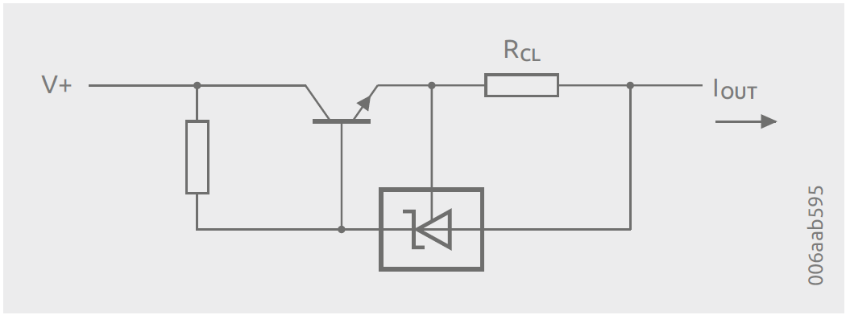 Figure 7 Constant current source with a TL431 shunt regulator controlling the base voltage of the output BJT