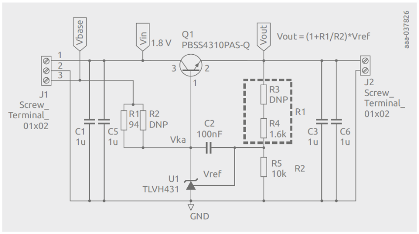 Figure 3 A Circuit schematic showing a 1.8 - 1.45 V, 3 A voltage regulator with a low-VCEsat BJT and 